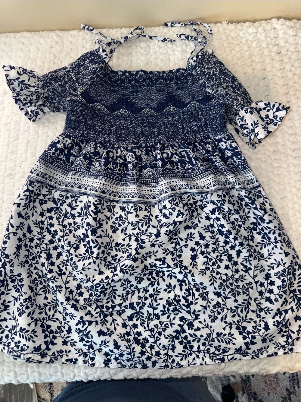 Girls Navy and White Floral Smocked Sundress
